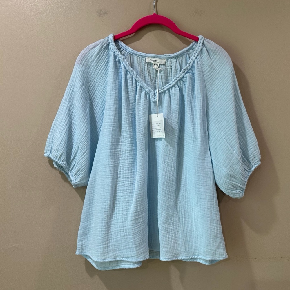 NWT BeachLunchLounge Light Blue Cotton Gauze Blouse Braided Neck Womens XS